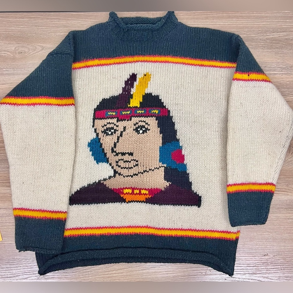 True Vtg Cowichan Wool Sweater 60s Native American Peruvian Aztec Inca Sweater